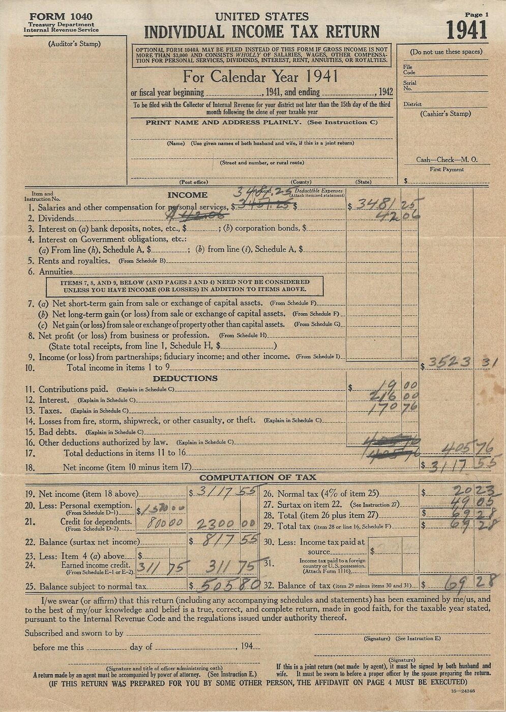 A printed 1941 tax form with ruled boxes and small type, several fields completed in pencil handwriting.