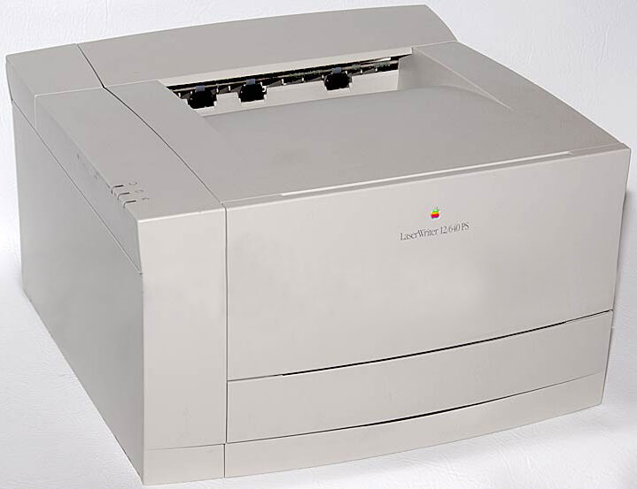 A boxy beige desktop laser printer with a paper tray at the front and a small control panel.