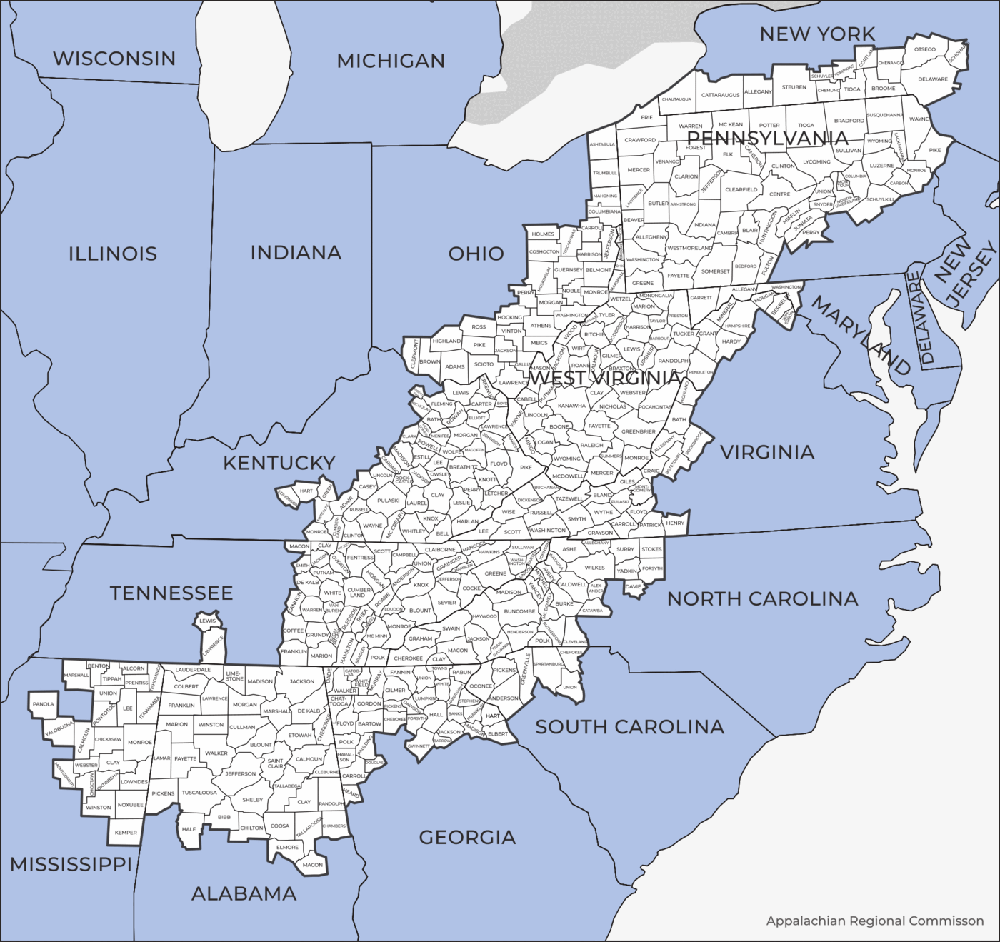 A map of the eastern United States in which a long north-east to south-west band of counties along the Appalachian mountains is picked out in white, each county named, against the surrounding states shaded in flat blue and labelled from New York and Pennsylvania down to Mississippi, Alabama and Georgia.