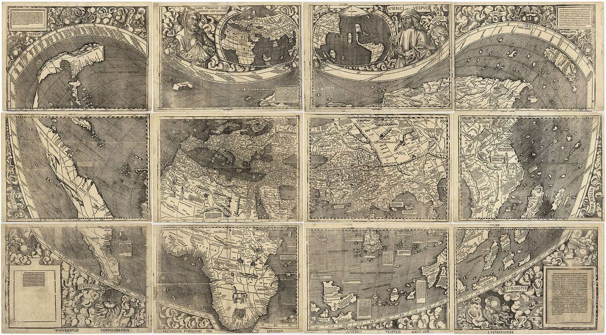 An early sixteenth-century printed world map laid out as twelve separate sheets in three rows of four, showing Europe, Africa and Asia in the centre and a long narrow strip of newly charted land down the western edge, with decorative cloud-blown wind heads around the borders and portrait medallions of Ptolemy and Vespucci at the top.