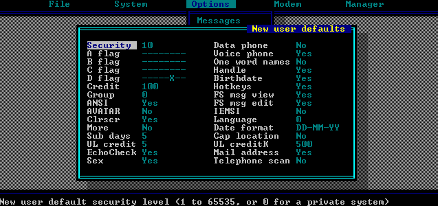 A text-mode DOS configuration screen with a menu bar reading File, System, Options, Modem and Manager, and a bordered panel headed New user defaults listing paired setting names and values such as Security 10, Credit 100, ANSI Yes and UL creditK 500.