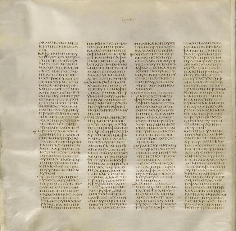 A page of a fourth-century Greek manuscript written in four narrow columns of continuous capital letters, with small marks added in the left margin.
