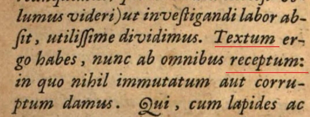 Several lines of printed seventeenth-century Latin in italic type, with the words Textum ergo habes, nunc ab omnibus receptum underlined in red.