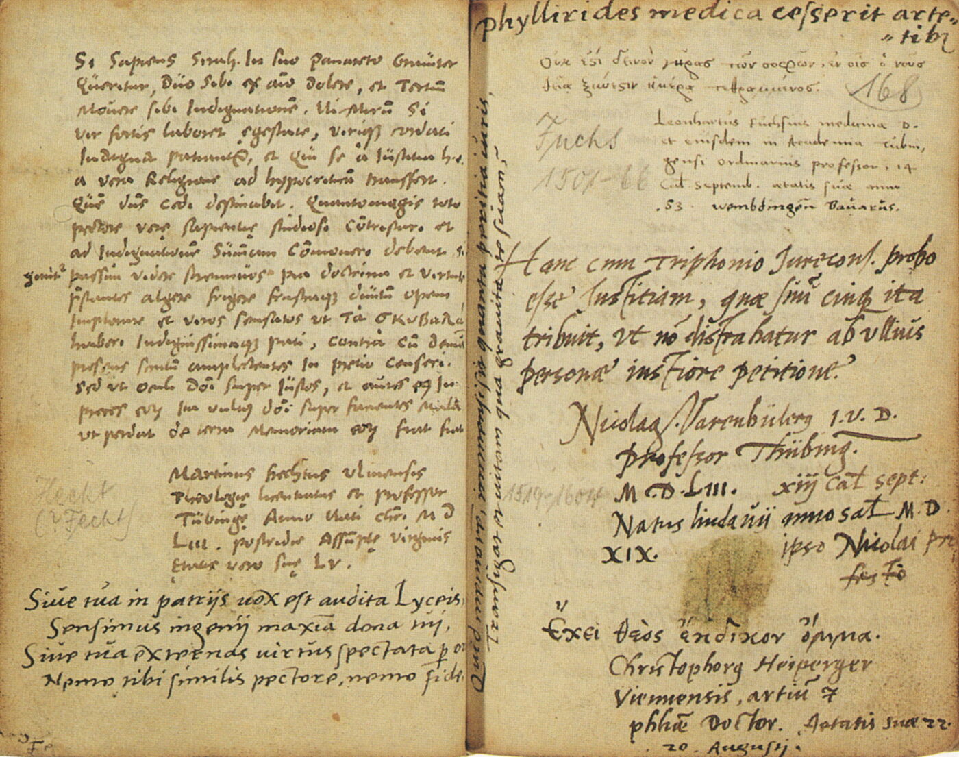 An open manuscript book showing two facing pages of sixteenth-century handwritten inscriptions in brown ink, several different hands to a page, with dated signatures.