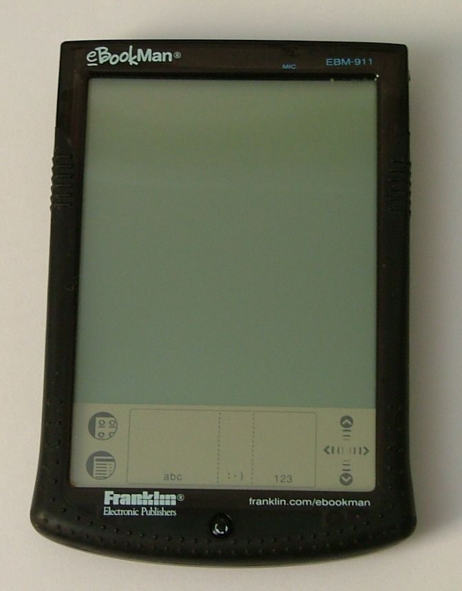 A black hand-held device labelled eBookMan EBM-911, with a large blank greyscale touchscreen above a handwriting-input strip and a single round button on the lower bezel, photographed against a plain pale background.