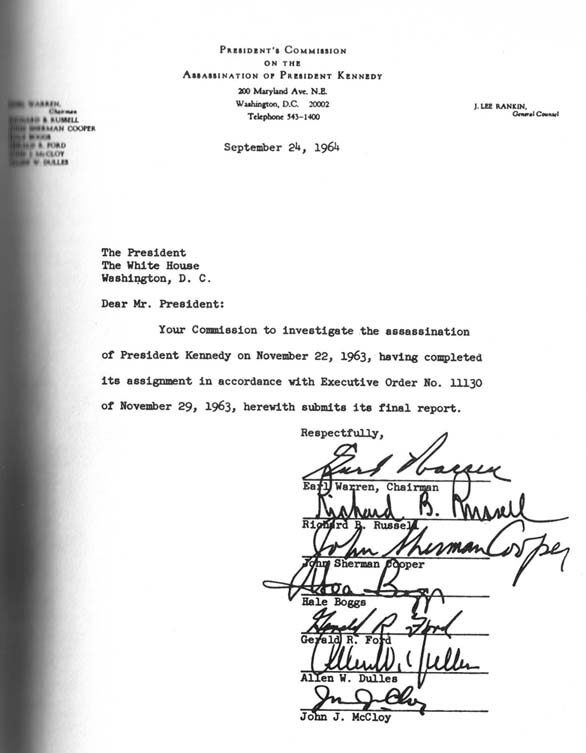 Typed letter on Commission letterhead dated September 24, 1964, addressed to the President at the White House and signed in ink by seven members, from Earl Warren to John J. McCloy.