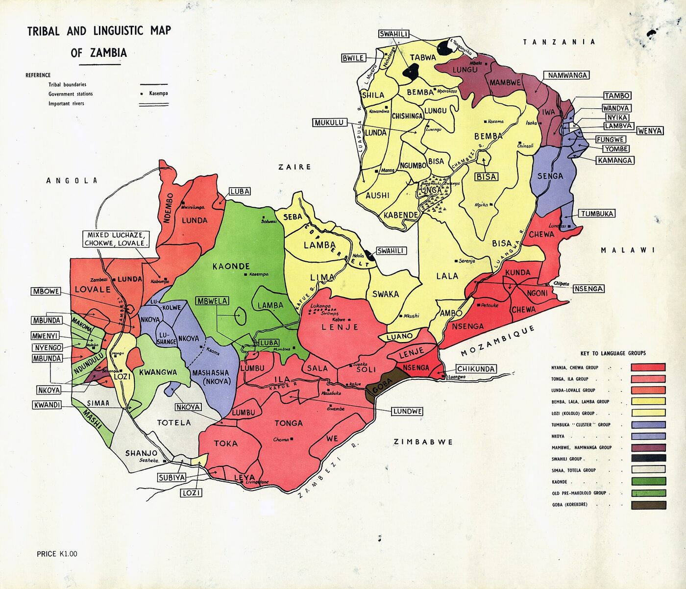 A colour-printed tribal and linguistic map of Zambia, each people's territory outlined, coloured and named, with rivers, government stations and a printed key to twelve language groups at lower right.