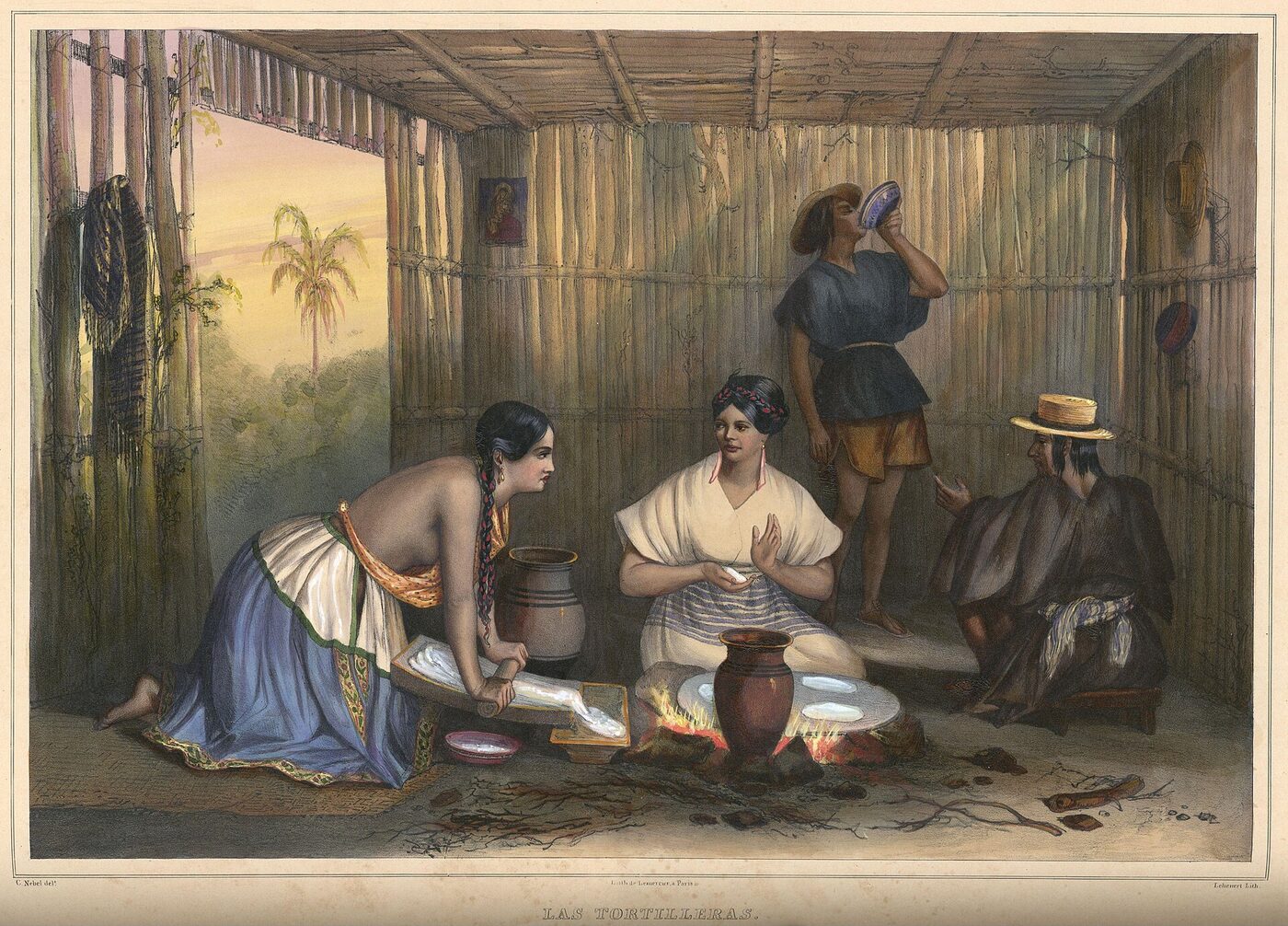 A hand-coloured nineteenth-century lithograph of women making tortillas: one kneels grinding maize on a sloping stone metate, while others shape and cook flat maize cakes.