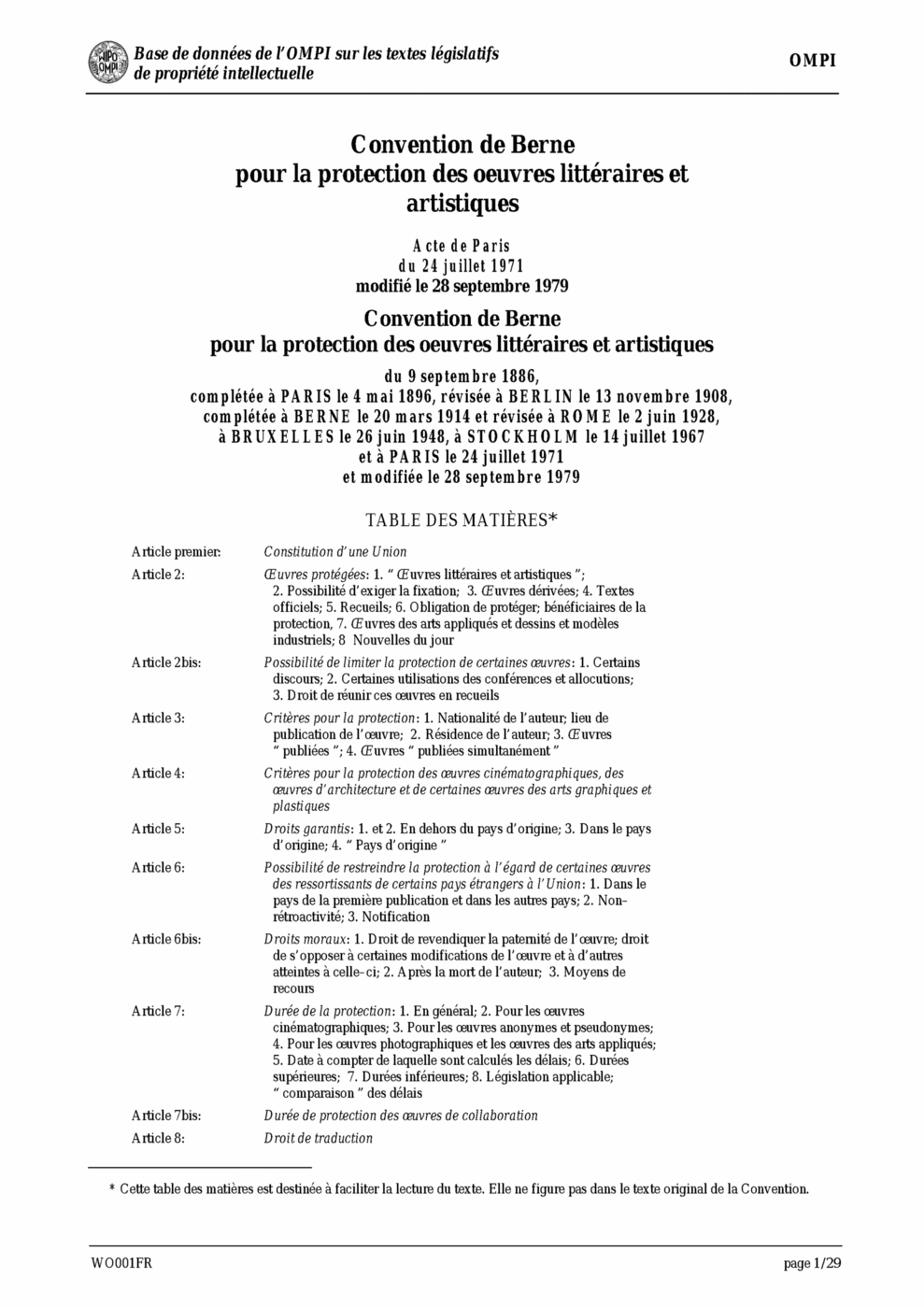 A printed page headed "Convention de Berne pour la protection des oeuvres litteraires et artistiques", with the dates of its revisions beneath and a table of contents listing Articles 1 to 8.