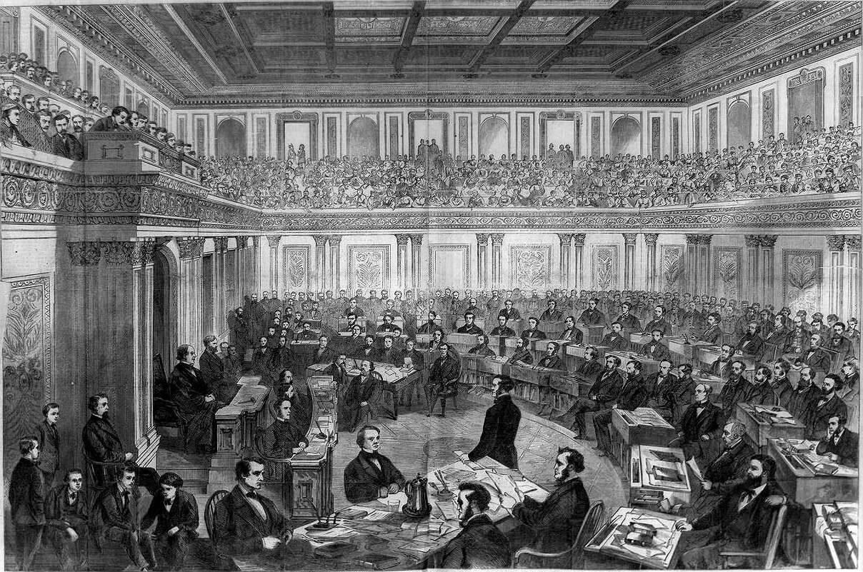 A nineteenth-century engraving of a crowded Senate chamber, senators seated at desks in curved rows on the floor, galleries packed with spectators above, and the presiding officer on a raised dais at the left.