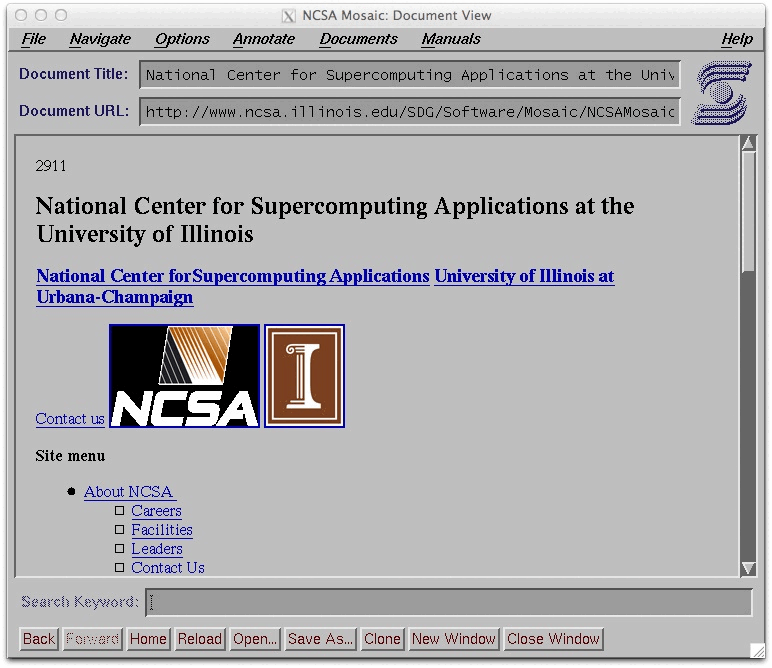 A Unix-style window titled NCSA Mosaic: Document View, with menu bar, Document Title and Document URL fields above a page headed National Center for Supercomputing Applications at the University of Illinois, two small inline logo images, and a row of Back, Forward, Home, Reload and other buttons along the bottom.