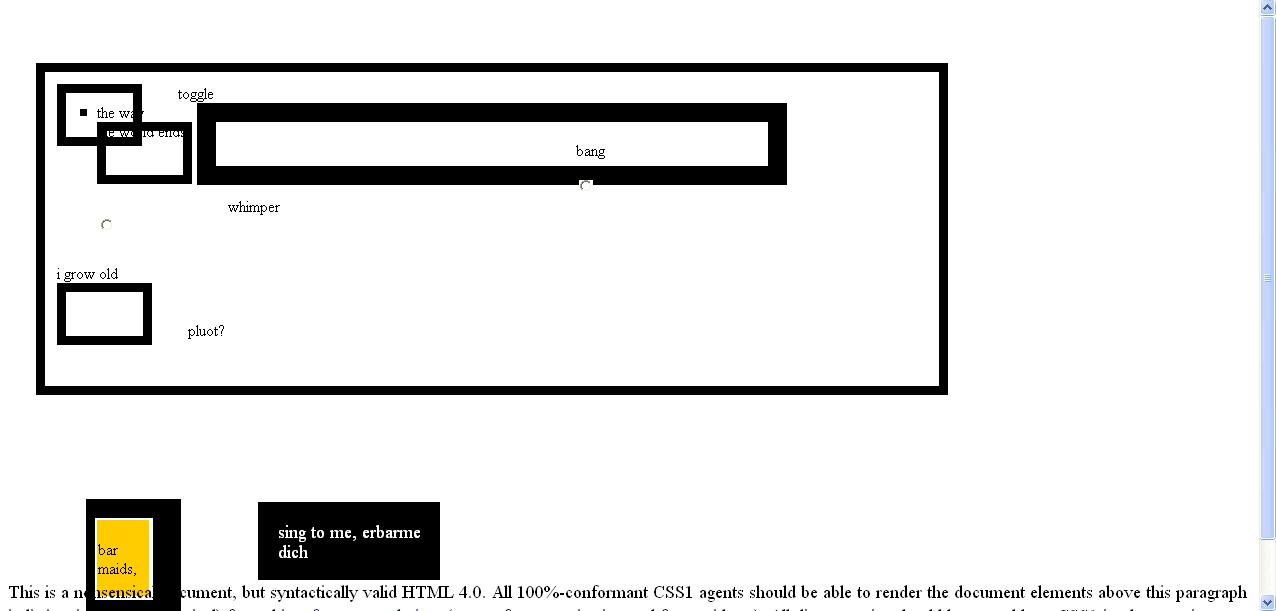 A browser window showing the Acid1 test page rendered wrongly: heavy black-outlined rectangles overlapping stray words such as toggle, bang and whimper, a yellow box overrunning the text below, and explanatory prose about conformant CSS1 agents at the foot of the page.
