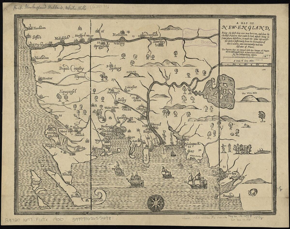 A crude seventeenth-century woodcut map of the New England coastline, drawn with west at the top and north to the right, showing numbered settlements from Newhaven and Hartford round to Casco Bay, rivers, hills drawn as small mounds, scattered trees for forest, and sailing ships in the sea.