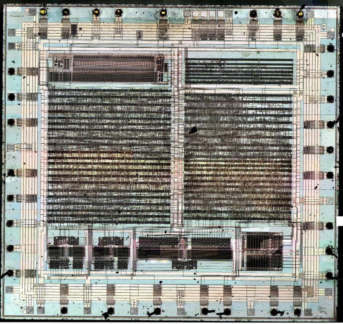 Close-up photograph of a small square integrated-circuit package, the MYK-78 Clipper encryption chip, showing its printed markings.