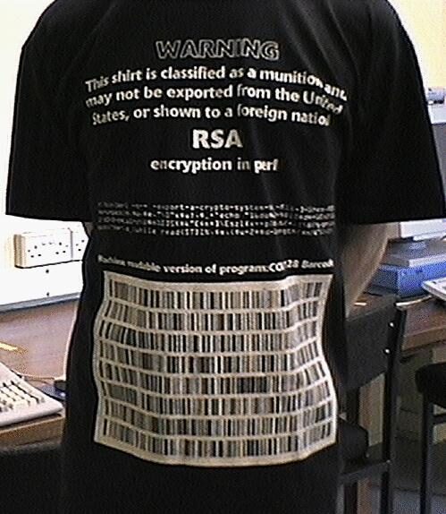 A T-shirt printed with lines of source code implementing a restricted encryption algorithm, worn as a protest garment.