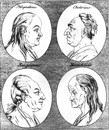 Eighteenth-century woodcut of four heads in profile and three-quarter view, arranged in two rows, each standing for one of the four temperaments.