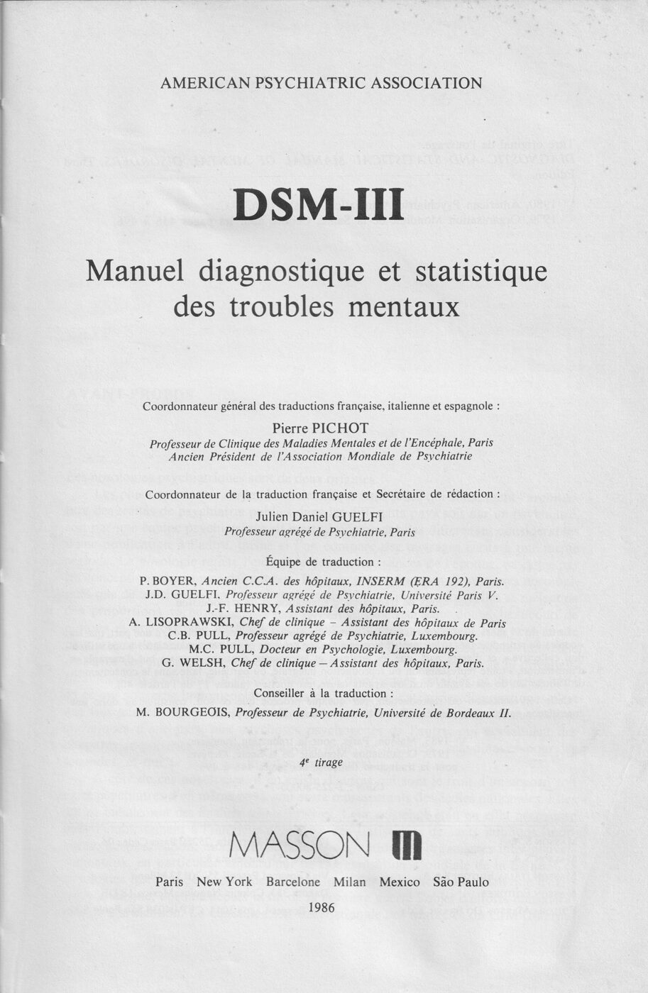 The cover of a thick paperback manual in French, titled DSM-III, standing upright against a plain background.