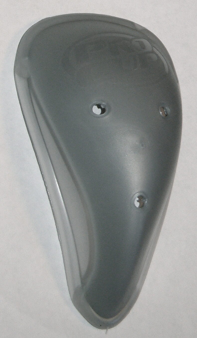 A single grey moulded plastic athletic protective cup, curved and tapering to a point, with three small ventilation holes, photographed against a plain pale background.