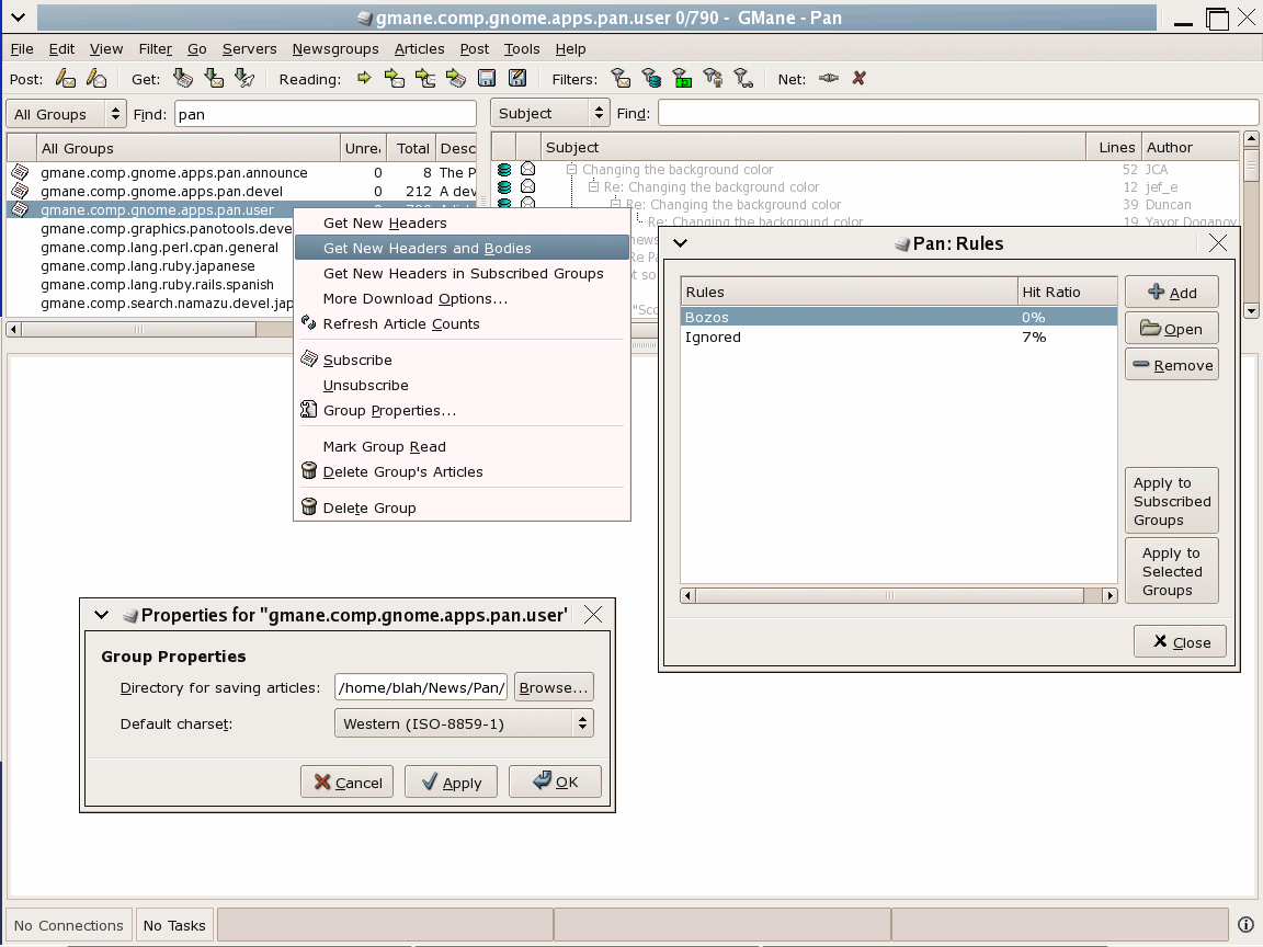 Screenshot of the pan newsreader on a Unix desktop: a list of newsgroup names on the left, a threaded article list on the right, and an open dialog headed Pan: Rules listing two rules called Bozos and Ignored with hit ratios, beside buttons for applying them to subscribed or selected groups.