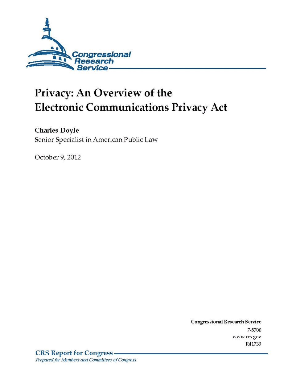 First page of a Congressional Research Service report, headed with the CRS logo and the title Privacy: An Overview of the Electronic Communications Privacy Act, by Charles Doyle, dated October 9, 2012.