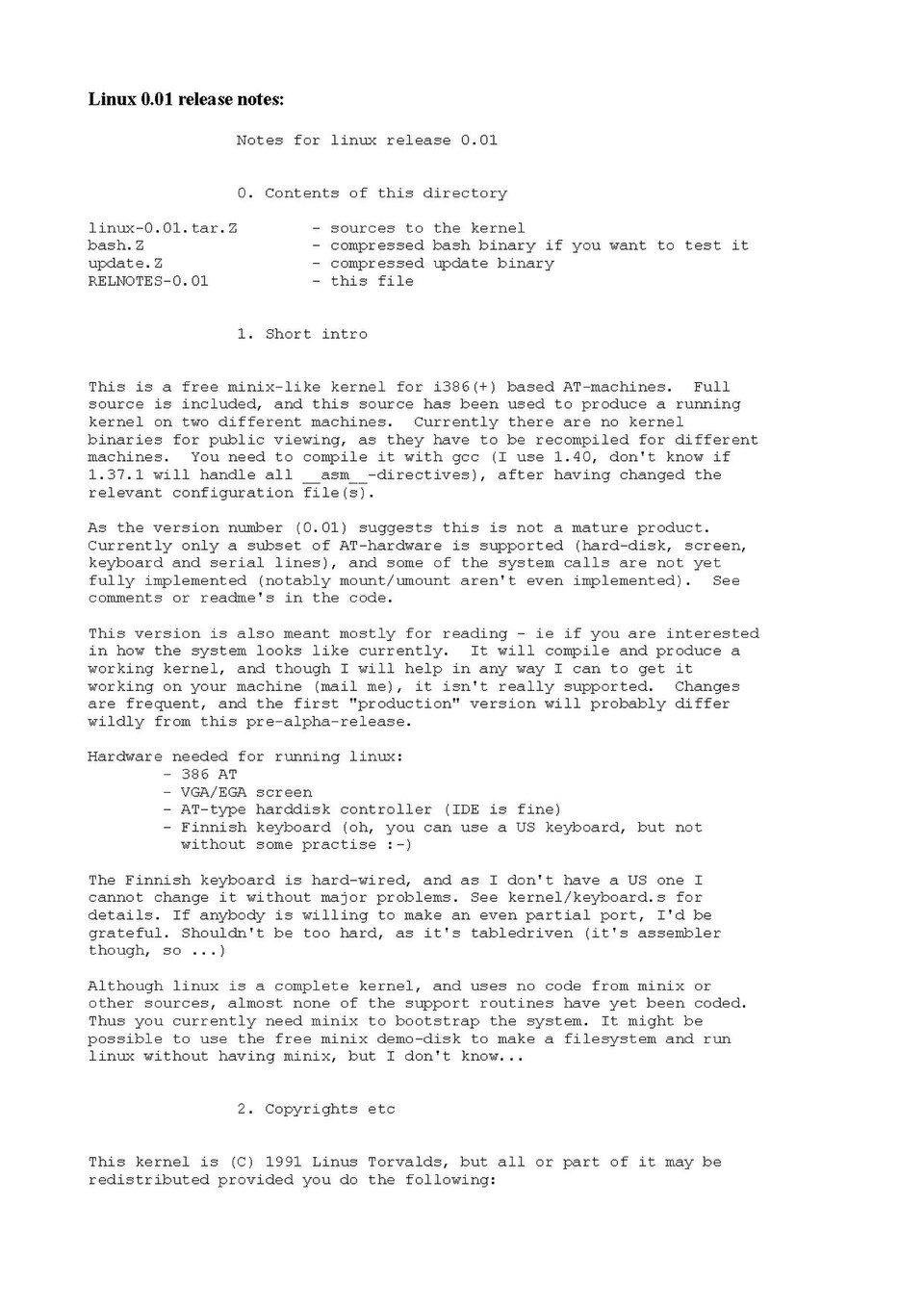 A typewritten page headed Linux 0.01 release notes, listing four files in the release directory and then a short introduction describing a free minix-like kernel for i386 AT machines, the hardware needed to run it, and the beginning of a copyright section.