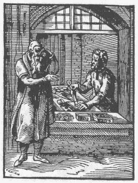 Sixteenth-century woodcut of a spectacle maker's workshop, with a workbench, a counter opening onto the street and figures handling spectacles.