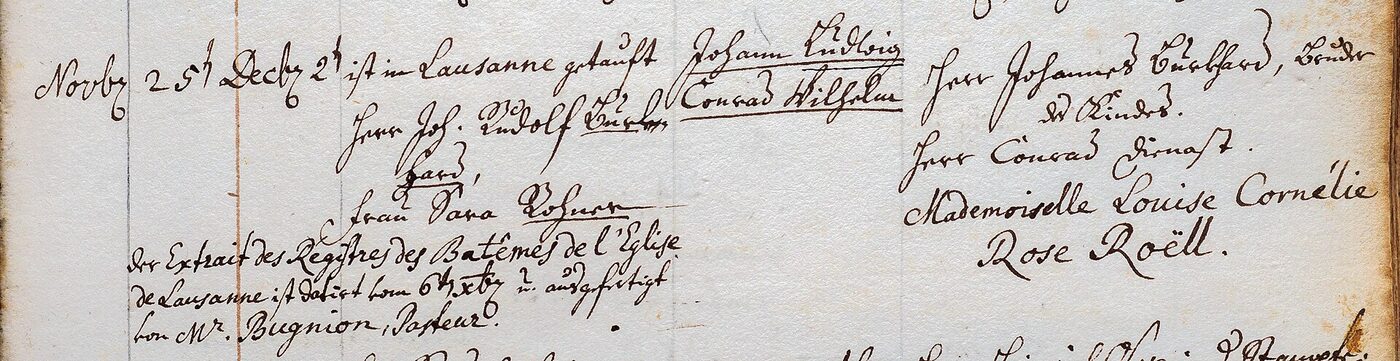 A strip from an eighteenth-century baptismal register, ruled into vertical columns: a dated German entry in pointed Kurrent script, with personal names and a French sentence written in a rounder Latin cursive.