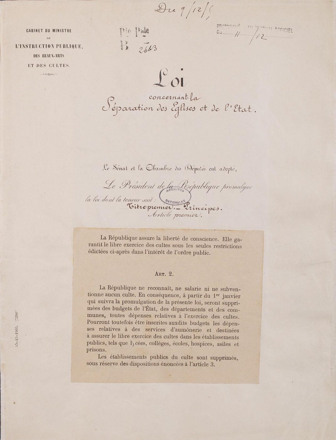 First page of the French statute of 9 December 1905 separating the Churches and the State, in copperplate script with the printed text of Articles 1 and 2 pasted below.