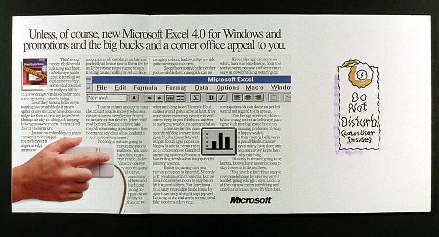 A two-page magazine advertisement spread showing a mocked-up Microsoft Excel window with a menu bar reading File, Edit, Formula, Format, Data, Options, Macro, Window, a small bar chart, a hand on a mouse, and a hand-drawn Do Not Disturb sign.