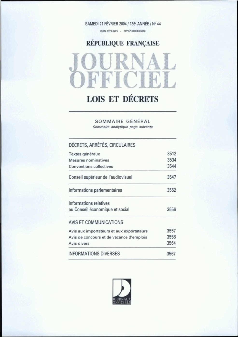 Cover page of the French official gazette, headed République Française, Journal Officiel, Lois et Décrets, with a dated masthead and a table of contents.