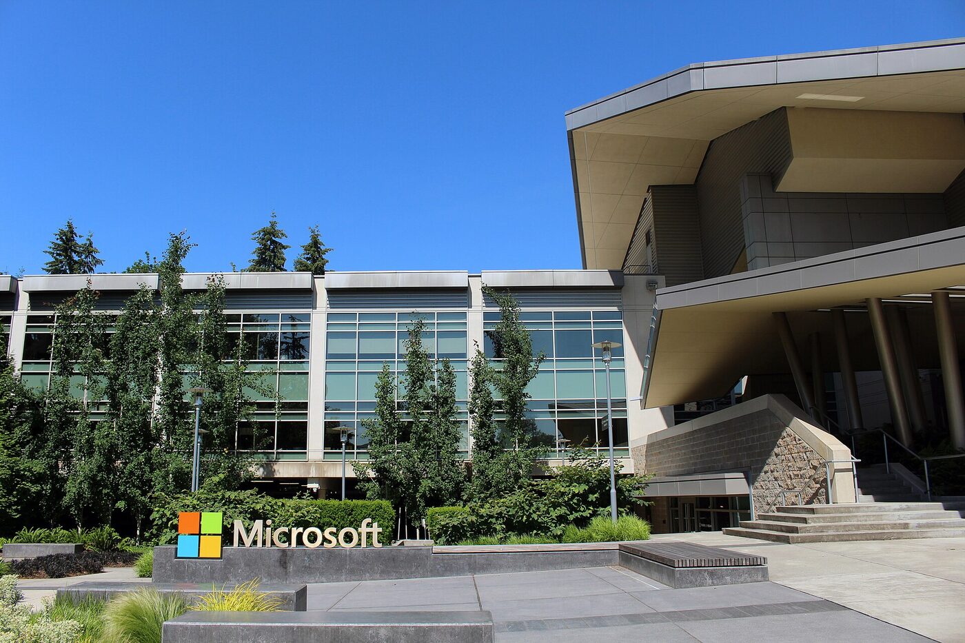 A building on the Microsoft corporate campus in Redmond, with the Microsoft name displayed at the entrance.