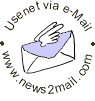 A circular emblem: a winged envelope drawn in outline, ringed by the words "Usenet via e-Mail" above and "www.news2mail.com" below.