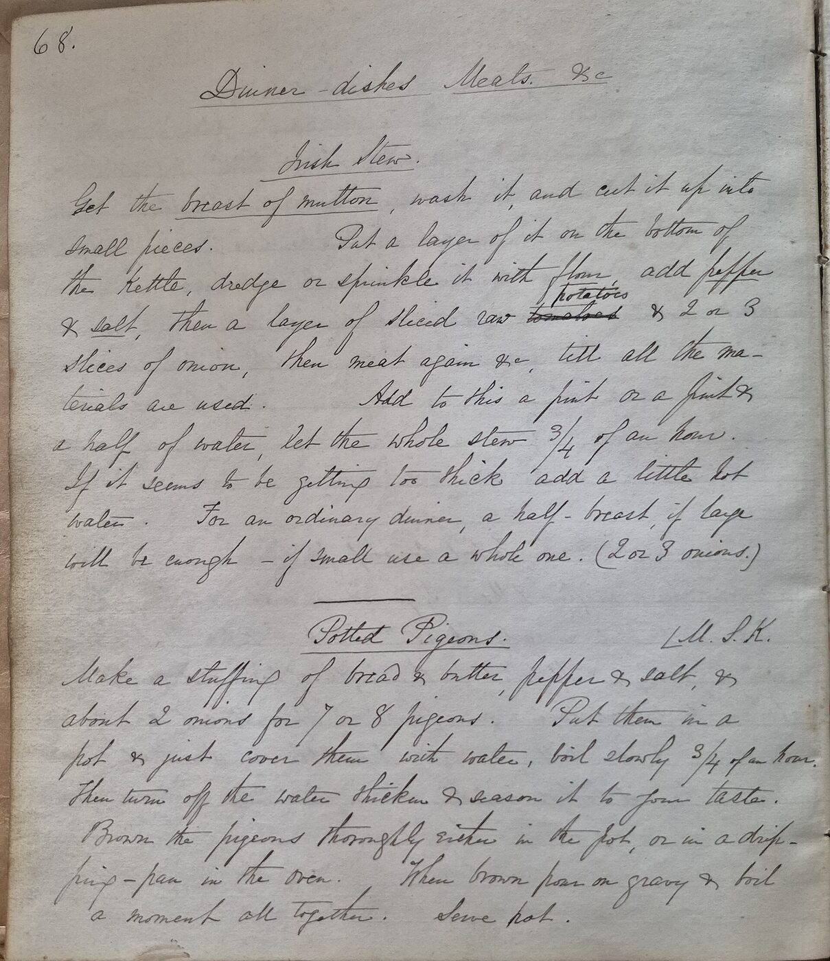 An unlined manuscript page numbered 68, covered in nineteenth-century cursive handwriting, with an underlined heading and two underlined recipe titles, each followed by a solid paragraph of instructions.
