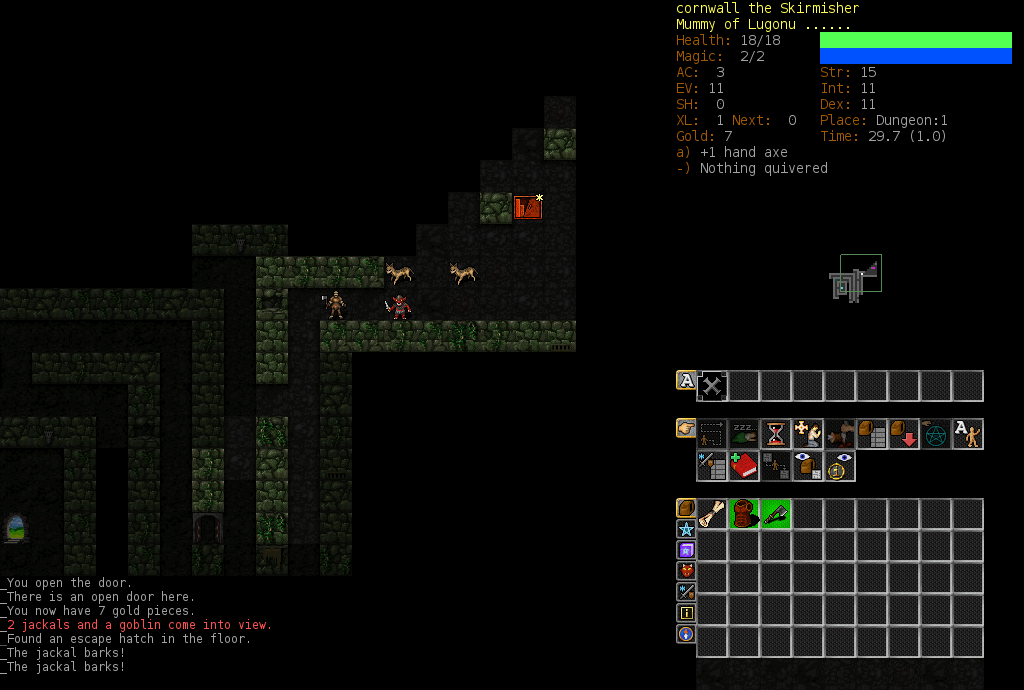 A roguelike game screen: a dungeon of rooms and corridors drawn as a uniform grid of small tiles, with a player figure and animal monsters, a numeric character summary at the top right listing health, magic, armour class and attributes, inventory rows beneath it, and a scrolling message log along the bottom.