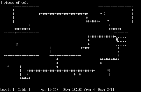 Monochrome terminal screen showing a dungeon level drawn in dashes, vertical bars and hash marks, with letters and punctuation for the player, items and monsters, and a status line of numeric statistics.