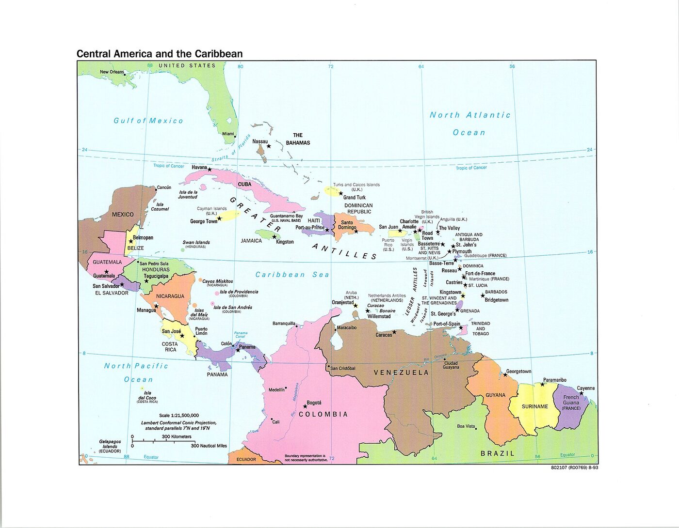 A printed political map on a Lambert conformal conic projection showing Central America, Mexico, Florida and the arc of Caribbean islands, each territory labelled and shaded in a different colour.