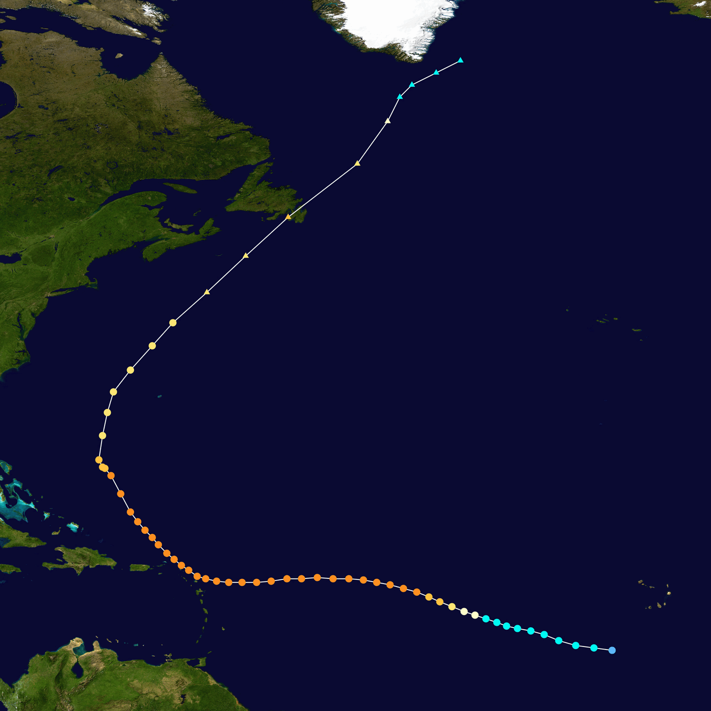 A map of the North Atlantic with a line of coloured dots plotting a storm track running west from Africa, curving north-west past the Leeward Islands and then north-east towards Newfoundland.