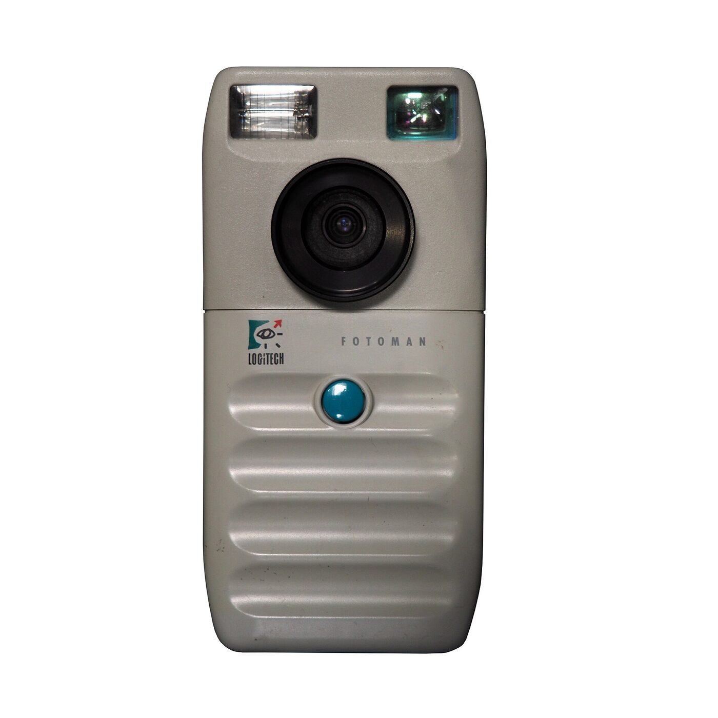 A small grey plastic digital camera with a fixed lens and a moulded hand grip, photographed against a plain white background.