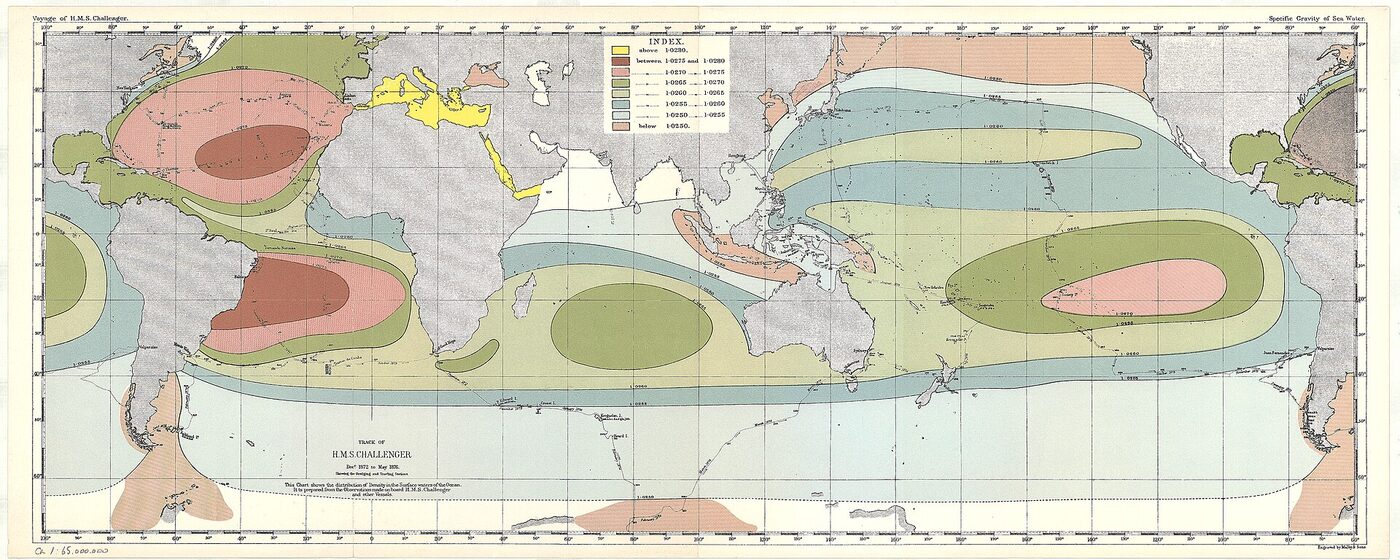 A nineteenth-century world chart on a wide projection, tinted in bands of colour for surface-water density, with a single continuous ship's track and station marks looping across the Atlantic, Southern, Indian and Pacific oceans.