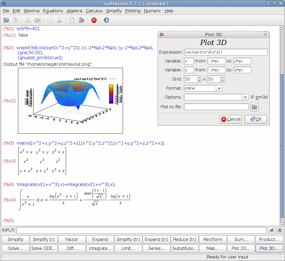 A desktop application window showing typeset mathematical input and output in a scrolling session, with a separate plot window open beside it.