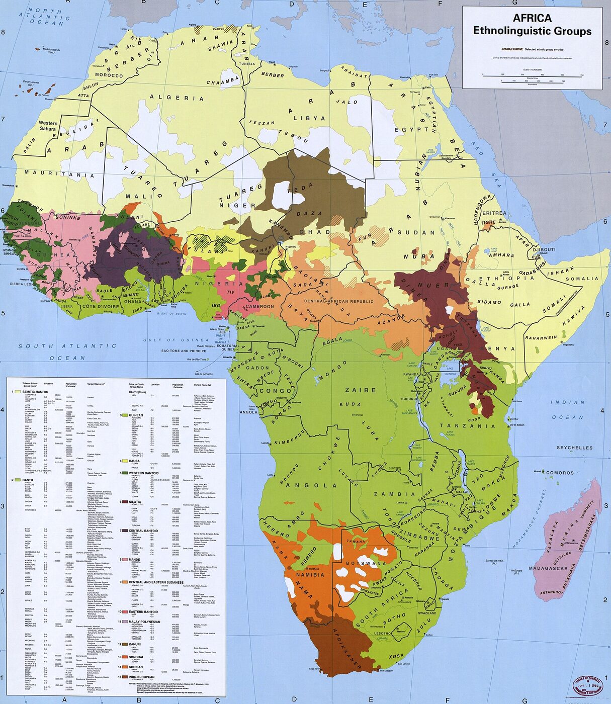 A map of Africa overlaid with many small irregular coloured areas, each labelled with the name of an ethnolinguistic group, with a keyed legend.