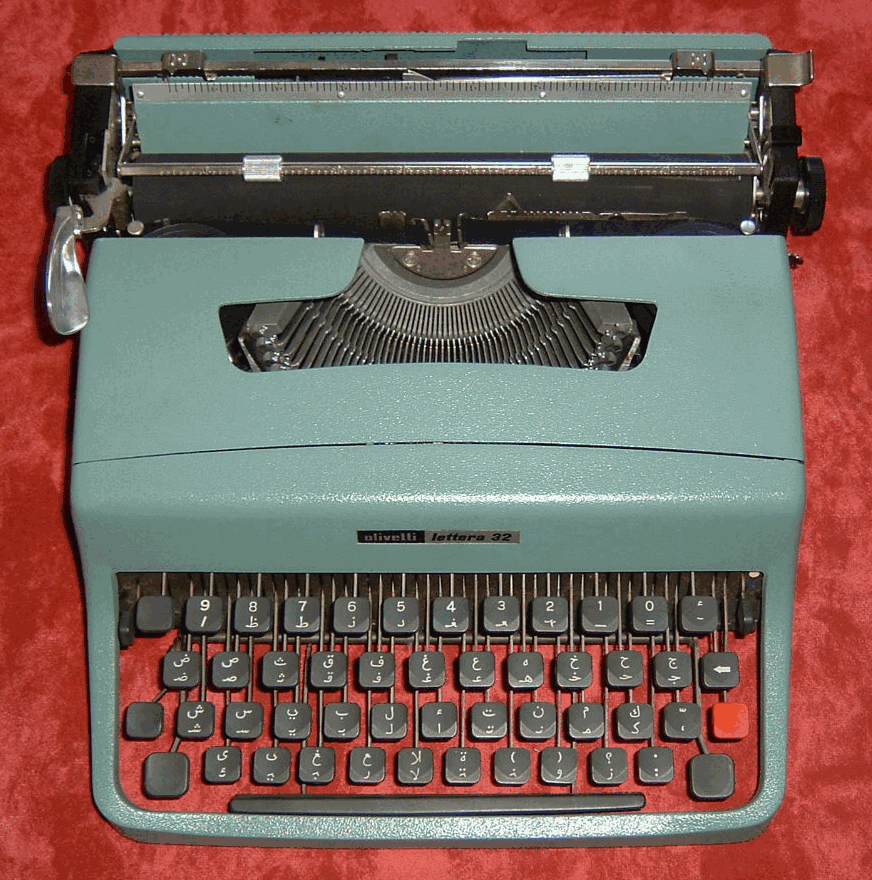 A pale blue-green portable typewriter photographed from above, its keys marked with Arabic letters and the model name Olivetti Lettera 32 on the body.