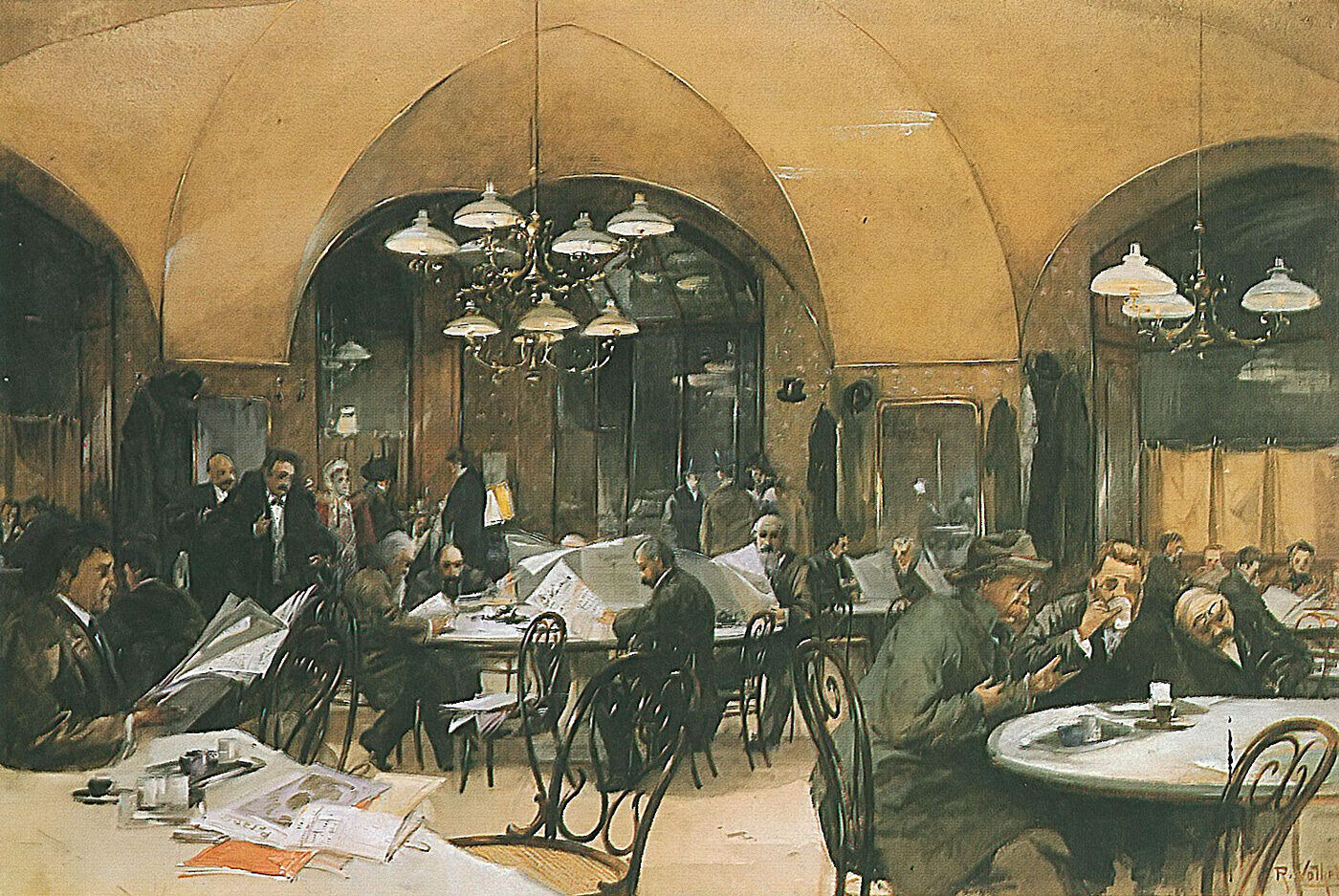 A painting of a crowded coffee-house interior under a vaulted ceiling: men in dark suits read newspapers at round marble tables, bentwood chairs pushed back, lamps hanging overhead.