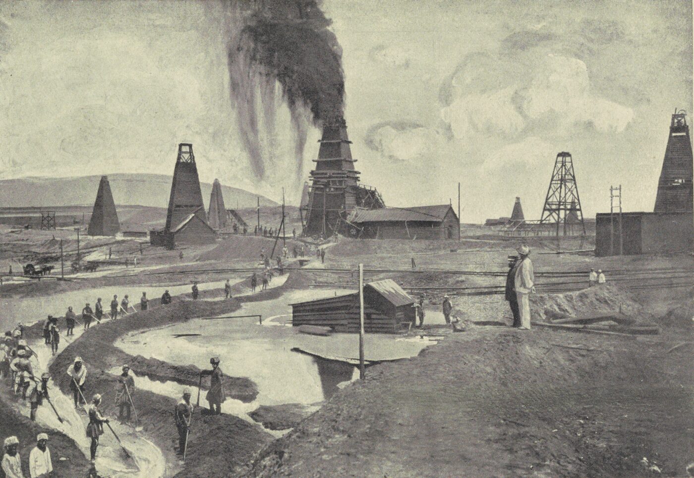 A monochrome plate showing a plume of oil erupting from a tall wooden derrick and drifting as a dark cloud, with other derricks and sheds across a bare landscape and rows of labourers digging channels into earthen ponds in the foreground.