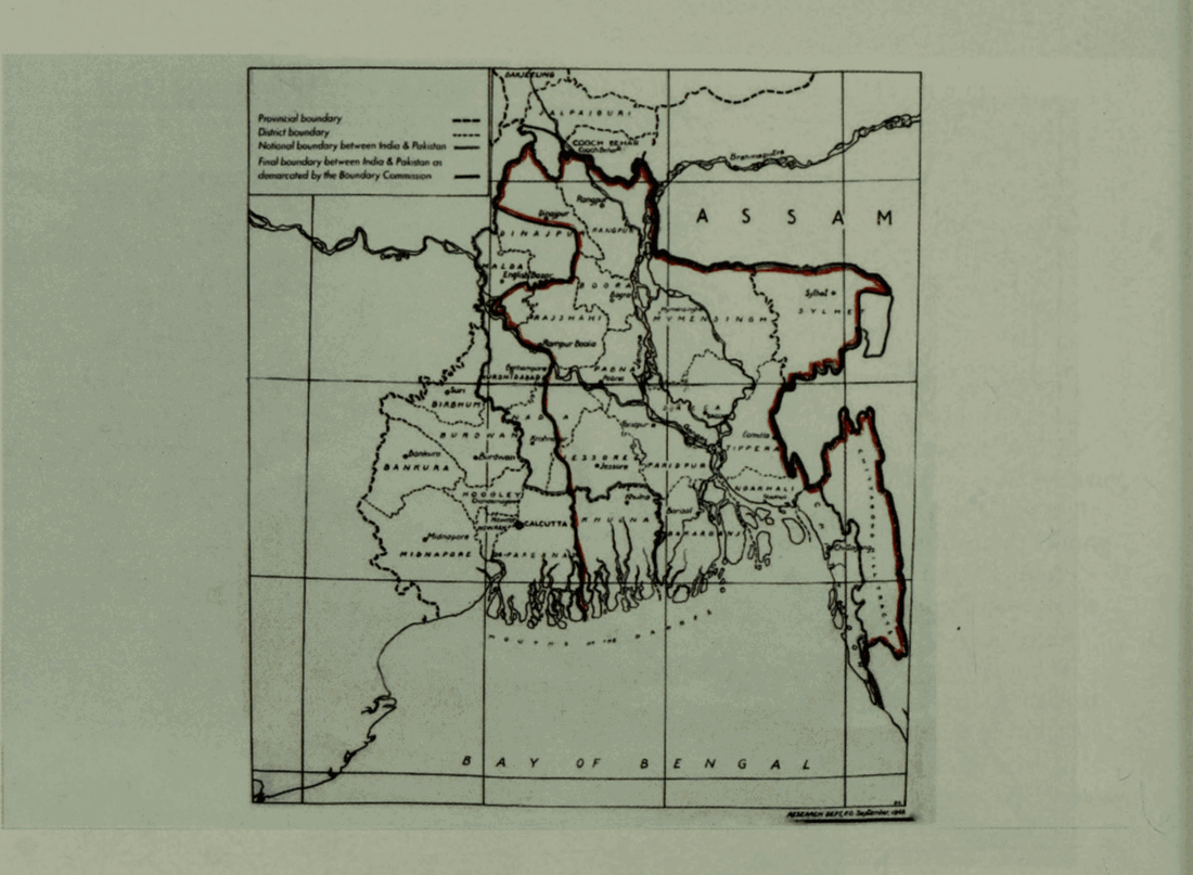 A printed monochrome map of Bengal and Assam showing district names and a heavy line dividing the province into western and eastern portions, with a legend.