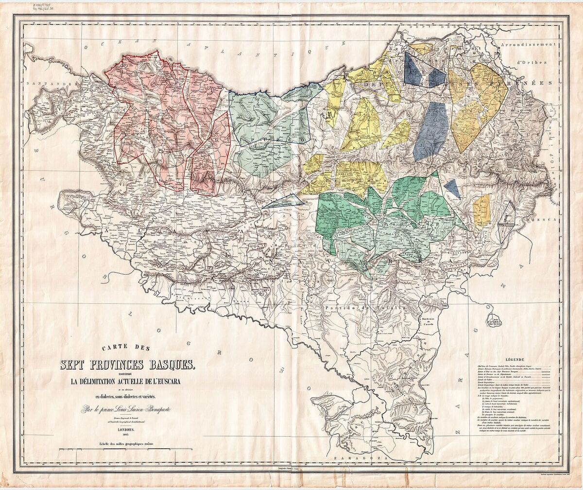 A hand-coloured nineteenth-century map of the Basque provinces on both sides of the Pyrenees, divided into pink, green, yellow, blue and orange zones for the dialects, with dense place names, a title cartouche at lower left, a scale of geographical miles and a printed key at lower right.