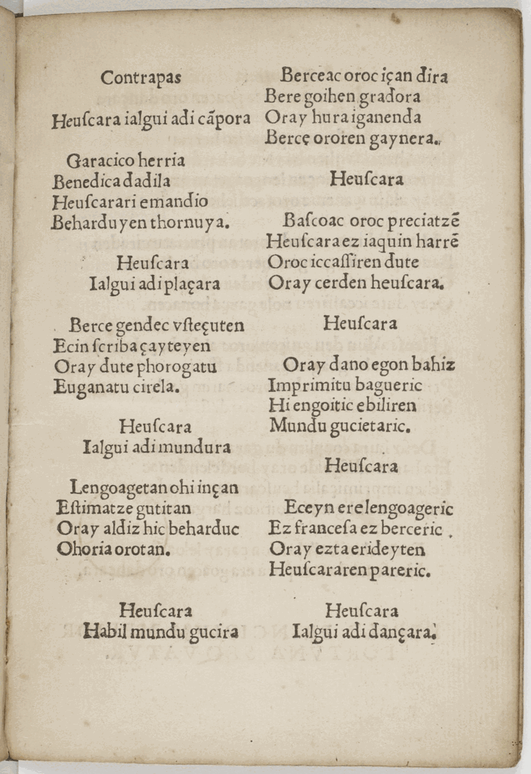 A page of sixteenth-century printing in Basque: verse set in two columns of roman type with the long s, the left column headed Contrapas, and the word Heuscara standing alone as a repeated refrain between the stanzas.