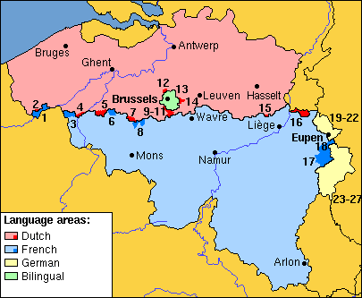 Map of Belgium coloured into four language areas — Dutch in red, French in blue, German in yellow and bilingual Brussels in green — with twenty-seven municipalities numbered along the language border and around Brussels and Eupen.
