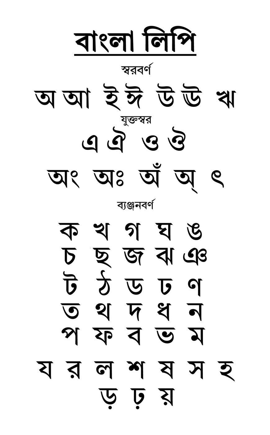 Chart of the Bengali alphabet printed in black on white: a heading in Bengali script, then rows of vowel letters, then five ordered rows of consonant letters.