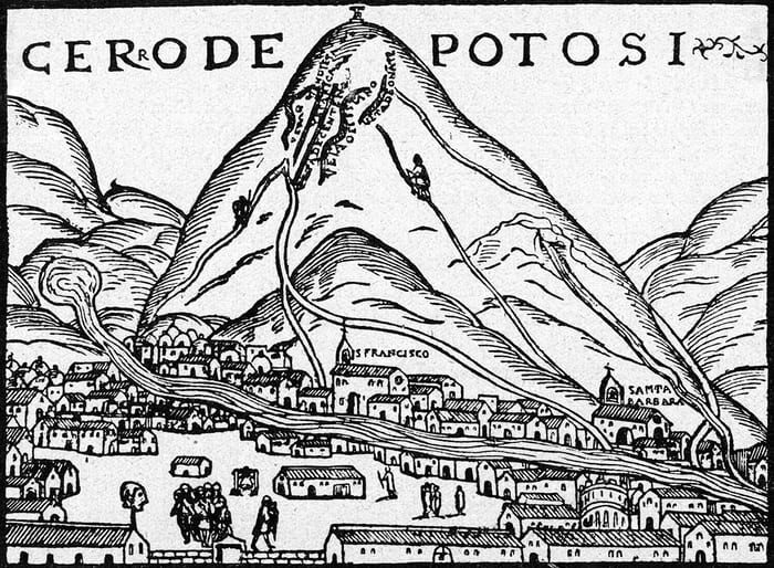 Black-and-white woodcut of a steep conical mountain lettered CERRO DE POTOSI across the sky, with small figures on a path climbing towards the summit and a town of low houses and two churches spread across the slope at its foot.